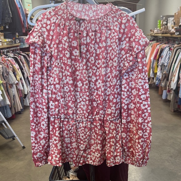 SHEIN Tops - SHEIN Red Floral Long Sleeve Peplum Blouse